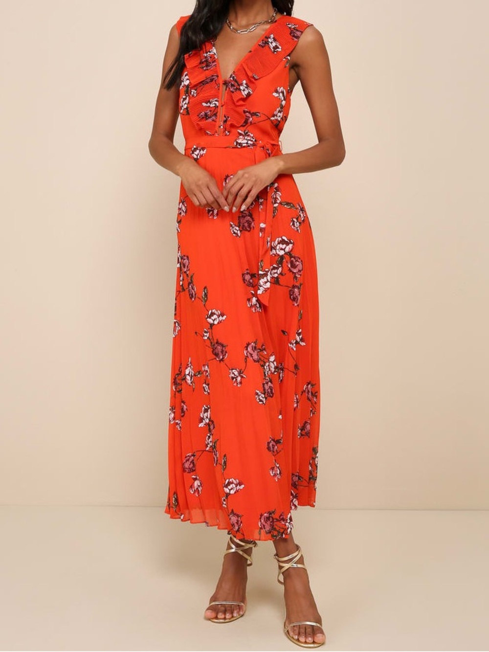 NWT Lulus Loved By You Pleated Ruffle Floral Maxi Dress Orange Red Size Large